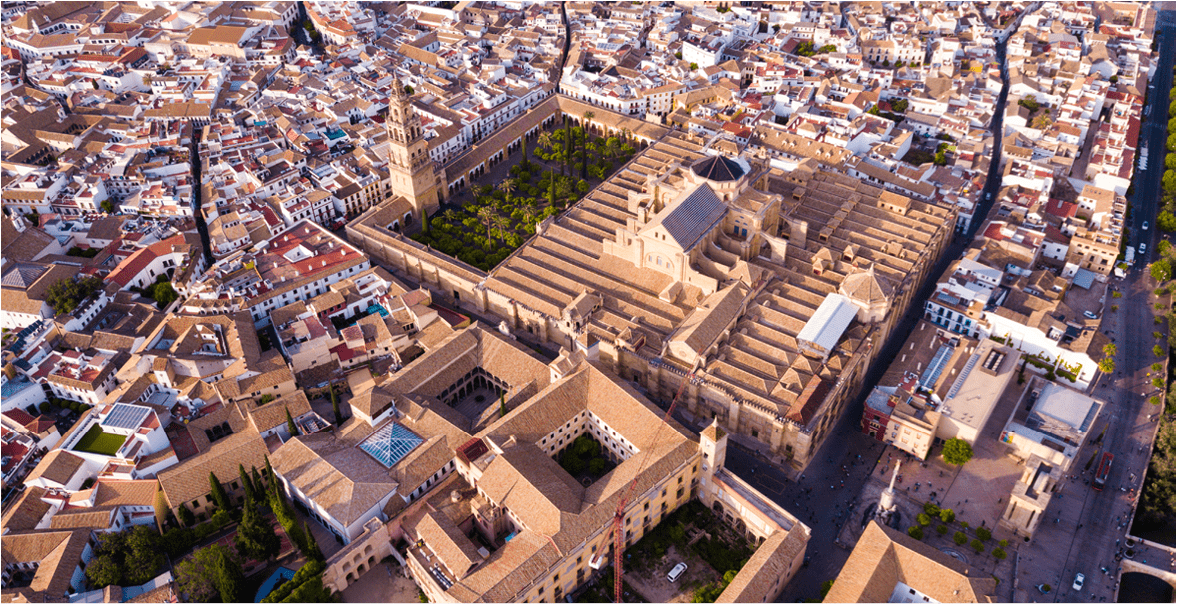 Aerial view of Mosque Carhedral and quarters of Cordoba, Spain